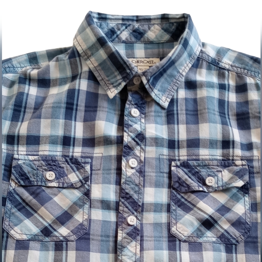 Cherokee Boys Plaid Long Sleeve Button-Down Shirt.Size XL(16 /18).Blue, White. - Picture 10 of 11